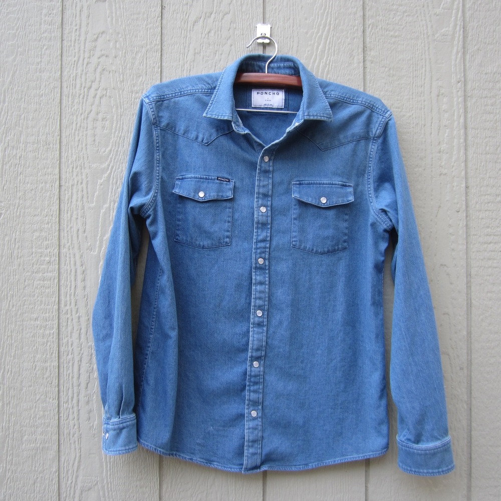 Poncho Outdoors Denim Western Shirt Large Slim Fit Blue Pearl Snap Performance